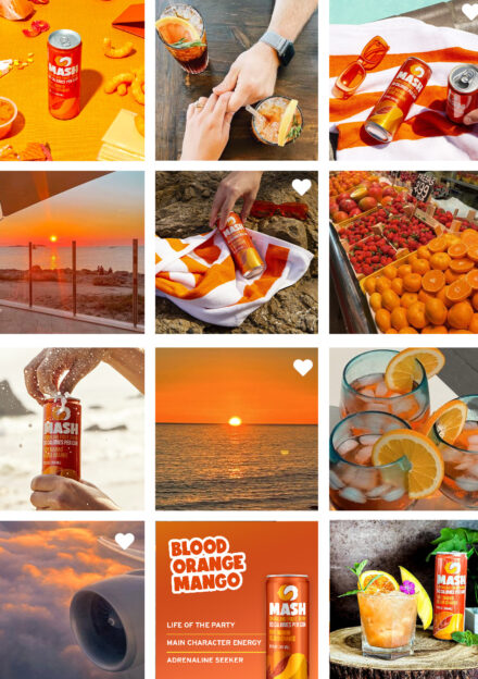 Collage of influencer images and social media graphics, all in an orange colorway