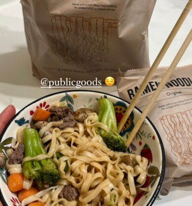 Influencer post of Public Goods ramen noodles in a bowl with beef, broccoli and carrots