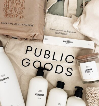 Influencer post of Public Goods home products: ramen noodles, hand soap, shampoo, conditioner, toothbrush, canvas bag