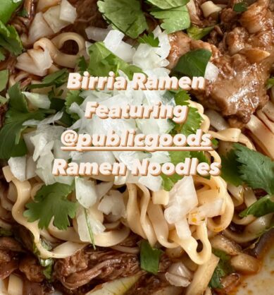 Influencer story image of birria ramen featuring Public Goods ramen noodles