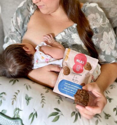 majka_p6 Influencer post of a woman breastfeeding while holding Majka Lactation Bites