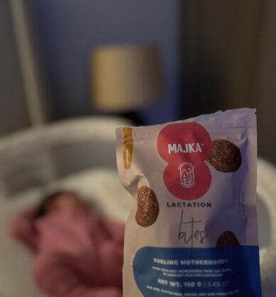 majka_p7 Influencer image of Majka Lactation Bites featuring sleeping baby in the background