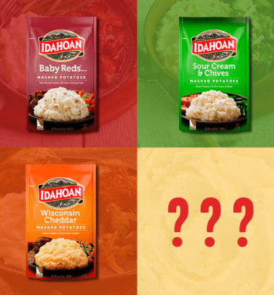 Graphic showcasing different flavors of Idahoan potatoes, with one of them being a surprise new flavor