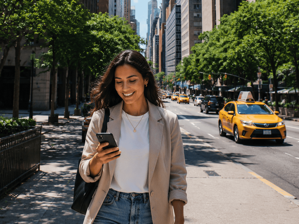 Woman walking down the street on her phone