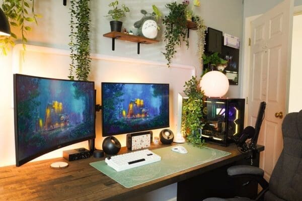 Office with large monitors and plants