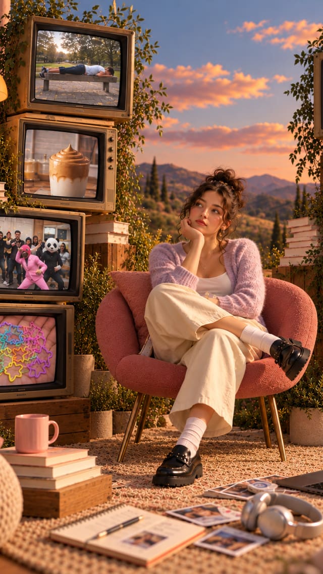 Woman sitting in a chair beside tvs